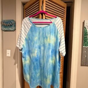 Blue Tie-Dye Top with Striped Sleeves